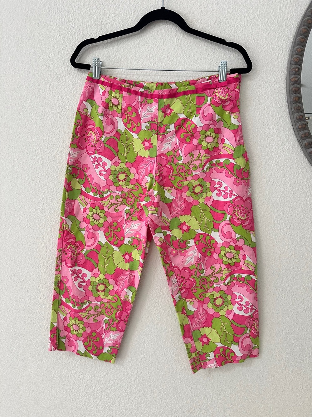 Pink & Green Floral Cotton Capri Pants